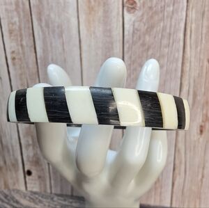 Carved Horn Bangle Black Cream Inlay Stripe Bracelet Boho
